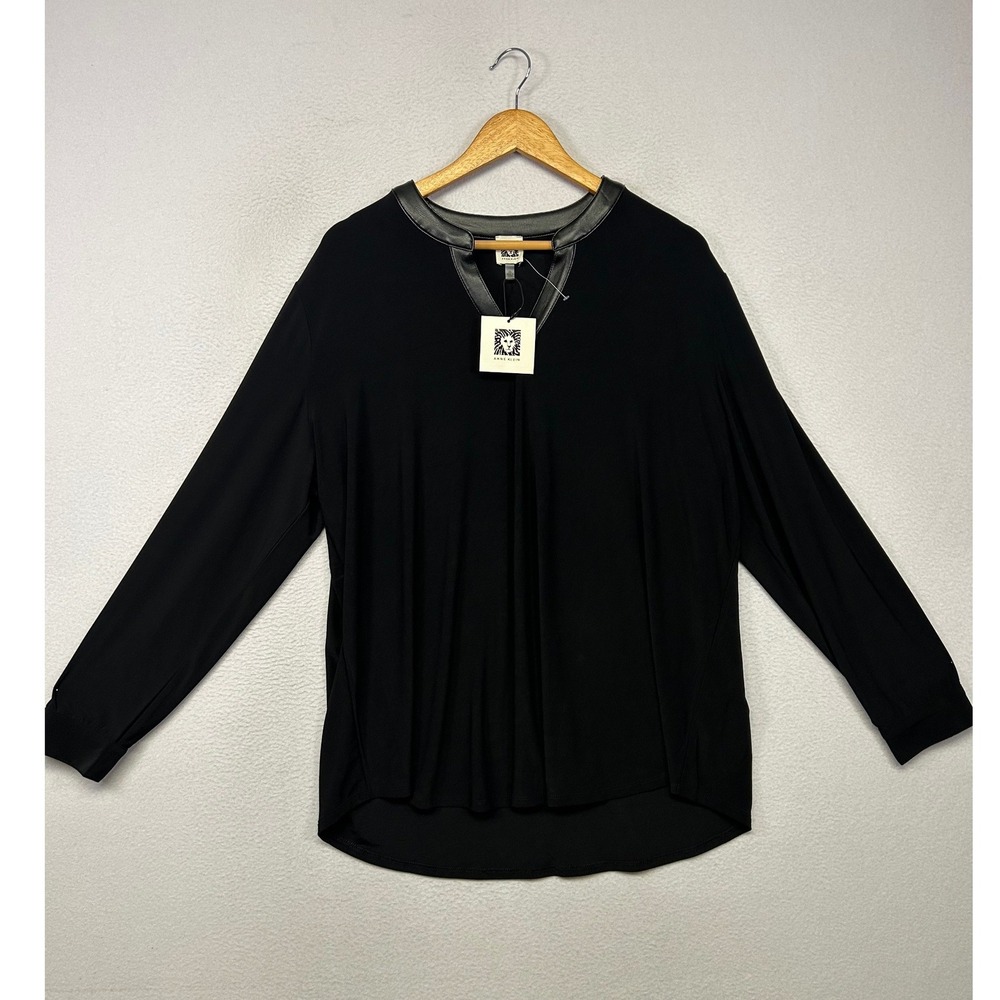 Chic Minimalist Anne Klein Women 2X Black Faux Leather Trim Split Neck Blouse
